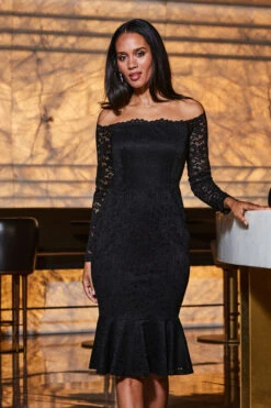 Black Lace Peplum Hem Bardot Dress 9 Black Lace Peplum Hem Bardot Dress -CHAUz Clothing Shop web 2309 74 a23dj025bk0001 74 059 rt