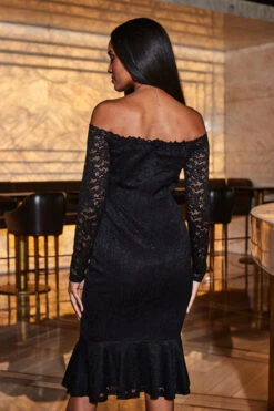 Black Lace Peplum Hem Bardot Dress 10 Black Lace Peplum Hem Bardot Dress -CHAUz Clothing Shop web 2309 74 a23dj025bk0001 74 088 rt