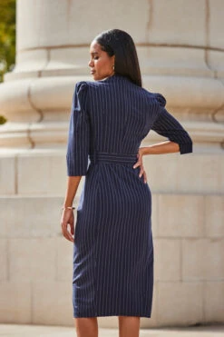 Navy Blue Pinstripe Belted Pencil Dress -CHAUz Clothing Shop web 2309 89 a23dw070bl0001 89 116