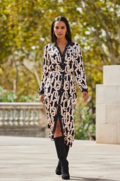 Black Chain Print Contrast Trim Belted Shirt Dress -CHAUz Clothing Shop web 2309 96 a23dw105bkge01 96 038