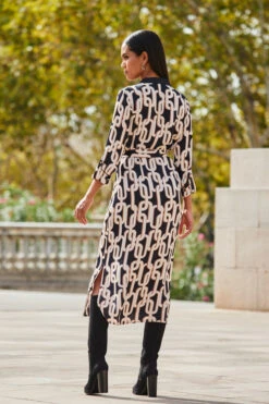 Black Chain Print Contrast Trim Belted Shirt Dress -CHAUz Clothing Shop web 2309 96 a23dw105bkge01 96 189