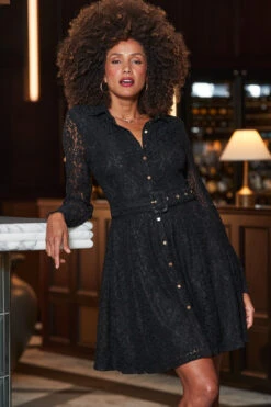 Black Lace Fit & Flare Shirt Dress