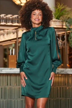 Emerald Green Satin Twist Neck Detail Shift Dress 15 Emerald Green Satin Twist Neck Detail Shift Dress -CHAUz Clothing Shop web 2310 18 a23dw090gn0032 a23ol008bk0001 18 078