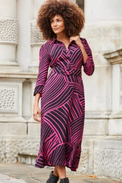 Pink & Black Geometric Print Belted Midi Dress -CHAUz Clothing Shop web 2310 30 a23dw039pkge01 30 107