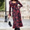 Black & Red Baroque Print Keyhole Detail Ruched Front Midi Jersey Dress -CHAUz Clothing Shop web 2310 38 a23dj113rdcv01 a23ol008bk0001 38 010