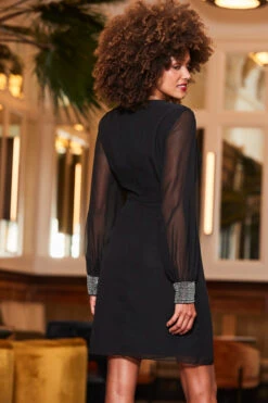 Black Embellished Trim Sheer Sleeve Shift Dress 12 Black Embellished Trim Sheer Sleeve Shift Dress -CHAUz Clothing Shop web 2310 53 a23dw013bk0001 53 102