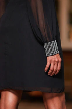 Black Embellished Trim Sheer Sleeve Shift Dress 10 Black Embellished Trim Sheer Sleeve Shift Dress -CHAUz Clothing Shop web 2310 53 a23dw013bk0001 53 107