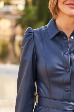 Navy Blue Faux Leather Belted Shirt Dress -CHAUz Clothing Shop web 24 a22dp001pt0009 152