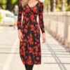 Black & Red Floral Print Ruched Front V Neck Midi Jersey Dress -CHAUz Clothing Shop web 26 a22dj006bkfl01 026