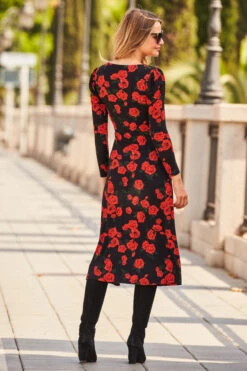 Black & Red Floral Print Ruched Front V Neck Midi Jersey Dress -CHAUz Clothing Shop web 26 a22dj006bkfl01 169