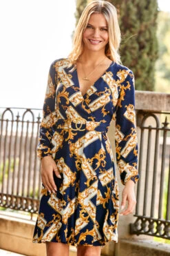Navy Blue & Gold Baroque Print Belted Fit & Flare Dress -CHAUz Clothing Shop web 29 a22dw075becv01 156