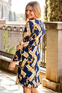 Navy Blue & Gold Baroque Print Belted Fit & Flare Dress -CHAUz Clothing Shop web 29 a22dw075becv01 221