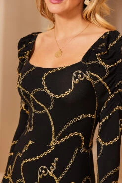 Black & Gold Chain Print Square Neck Midi Jersey Dress -CHAUz Clothing Shop web 35 s21dj106bkcv01 118
