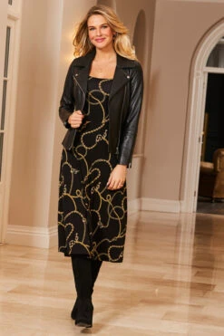 Black & Gold Chain Print Square Neck Midi Jersey Dress -CHAUz Clothing Shop web 35 s21dj106bkcv01 130