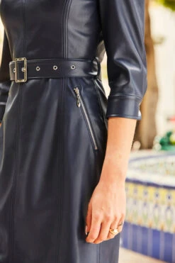 Navy Blue Faux Leather Belted Dress With Pockets -CHAUz Clothing Shop web 35 s22dp001be 093