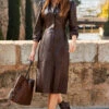 Chocolate Brown Leather Popper Front Shirt Dress -CHAUz Clothing Shop web 44 s23dl002pt0004 073