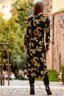 Black & Gold Baroque Print Zip Front Dress -CHAUz Clothing Shop web 51 a22dw074bkcv01 076