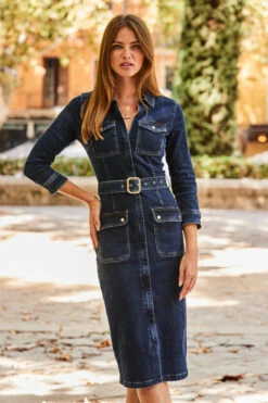 Dark Indigo Denim Buckle Detail Utility Dress