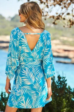 Sky Blue & White Palm Print Tie Waist Beach Dress -CHAUz Clothing Shop web 76 s22rw022be0027 133