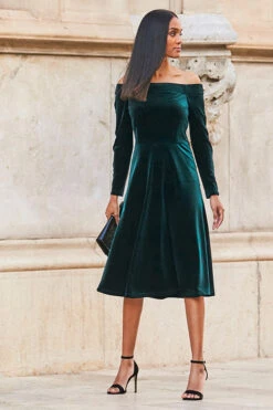 Emerald Green Velvet Embellished Sleeve Bardot Dress -CHAUz Clothing Shop web 77 a21dv019 002 green rt