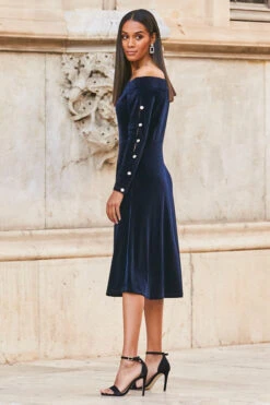 Midnight Blue Velvet Embellished Sleeve Bardot Dress -CHAUz Clothing Shop web 77 a21dv019 013