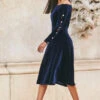 Midnight Blue Velvet Embellished Sleeve Bardot Dress 2 Midnight Blue Velvet Embellished Sleeve Bardot Dress -CHAUz Clothing Shop web 77 a21dv019 023