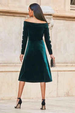 Emerald Green Velvet Embellished Sleeve Bardot Dress -CHAUz Clothing Shop web 77 a21dv019 084 green rt