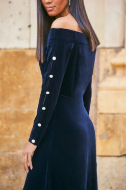 Midnight Blue Velvet Embellished Sleeve Bardot Dress -CHAUz Clothing Shop web 77 a21dv019 088