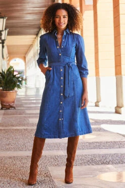 Mid Blue Popper Front Belted Denim Midi Dress