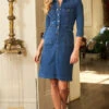 Indigo Popper Front 3/4 Sleeve Stretch Denim Dress -CHAUz Clothing Shop web a18ds101io 67242