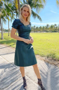 Emerald Green Leather Look Ruched Sleeve Detail Dress -CHAUz Clothing Shop web hi img 2532