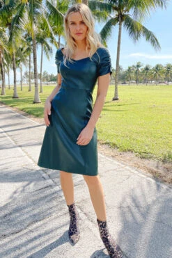 Emerald Green Leather Look Ruched Sleeve Detail Dress -CHAUz Clothing Shop web hi img 2539