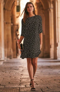 Black & White Spot Print Ruffle Hem Shift Dress