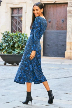 Blue & Black Heart Print Ruched Front Midi Jersey Dress -CHAUz Clothing Shop web rt 82 a21dj053 120