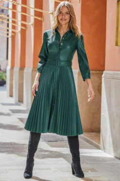 Dark Green Faux Leather Pleated Midi Dress -CHAUz Clothing Shop web rt06 s3dp004gn0015 064