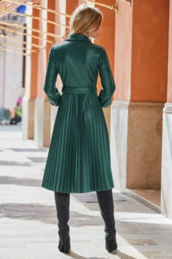 Dark Green Faux Leather Pleated Midi Dress -CHAUz Clothing Shop web rt06 s3dp004gn0015 083