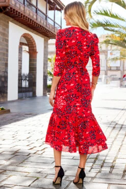 Red Animal Print Ruffle Hem Fit & Flare Midi Dress -CHAUz Clothing Shop web rt 11 s23dw086rdan01 603