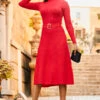 Red Fit & Flare Rib Knit Belted Dress With Silver Detail -CHAUz Clothing Shop web rt 43 a22dk480rd0017 055