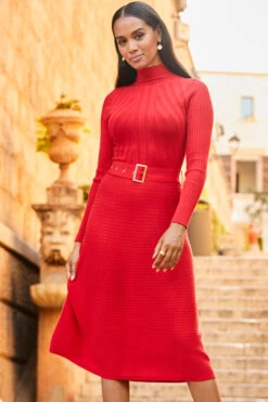 Red Fit & Flare Rib Knit Belted Dress With Silver Detail -CHAUz Clothing Shop web rt 43 a22dk480rd0017 141