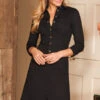 Black Popper Front 3/4 Sleeve Stretch Denim Dress 1 Black Popper Front 3/4 Sleeve Stretch Denim Dress -CHAUz Clothing Shop web s19ds142bk 1304