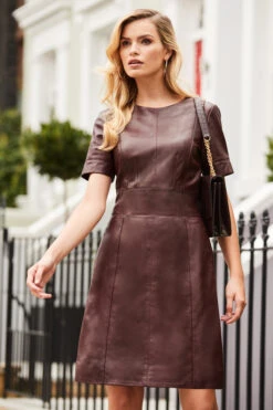 Burgundy Leather Panelled Shift Dress